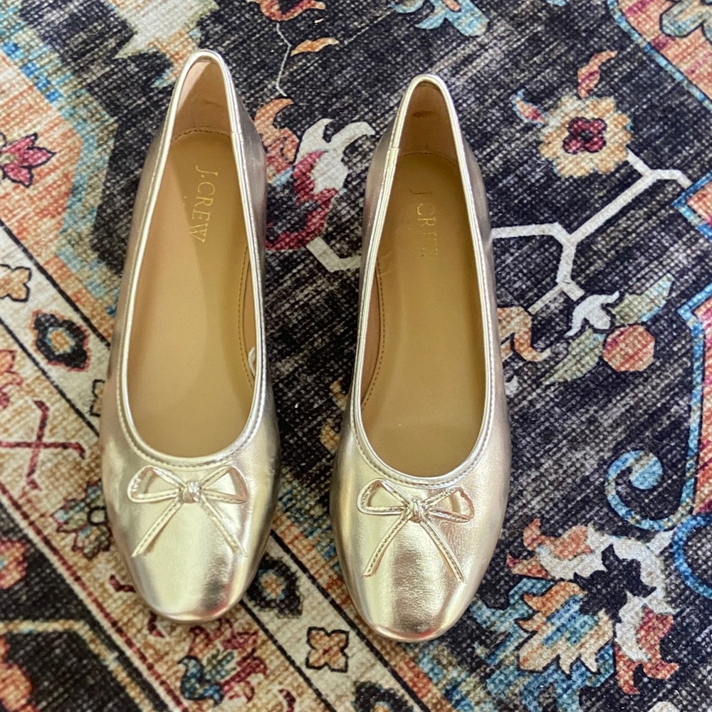 J. Crew Metallic Gold Flats with Bow
